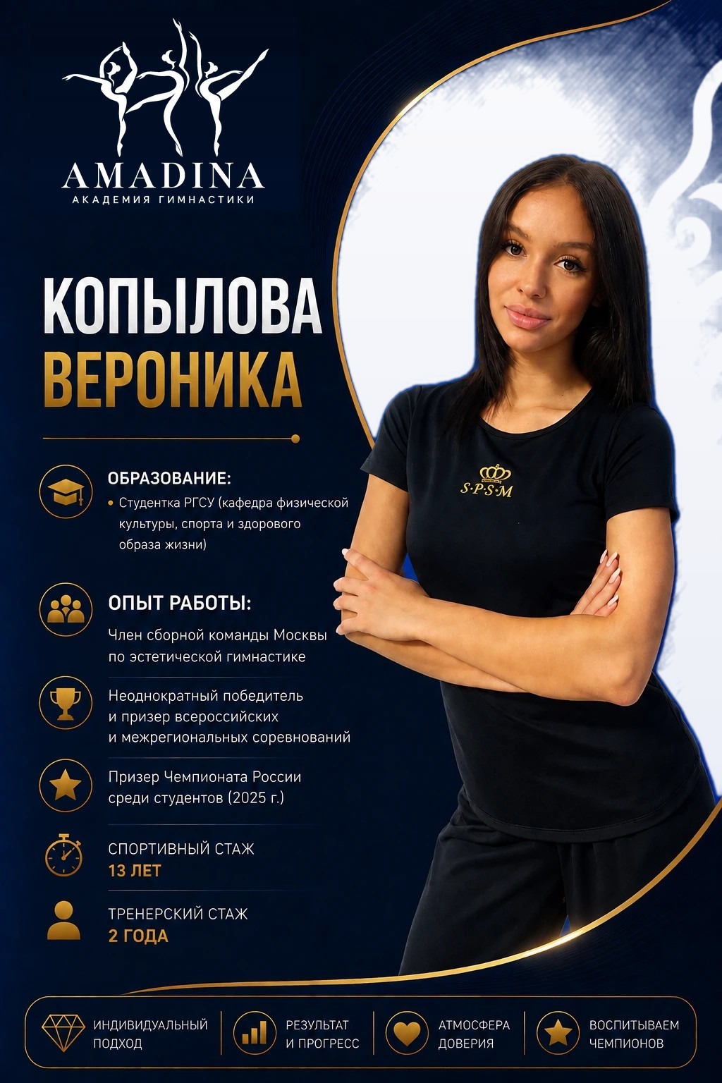 Вероника Копылова — тренер, член сборной Москвы по эстетической гимнастике, Академия гимнастики «Амадина»